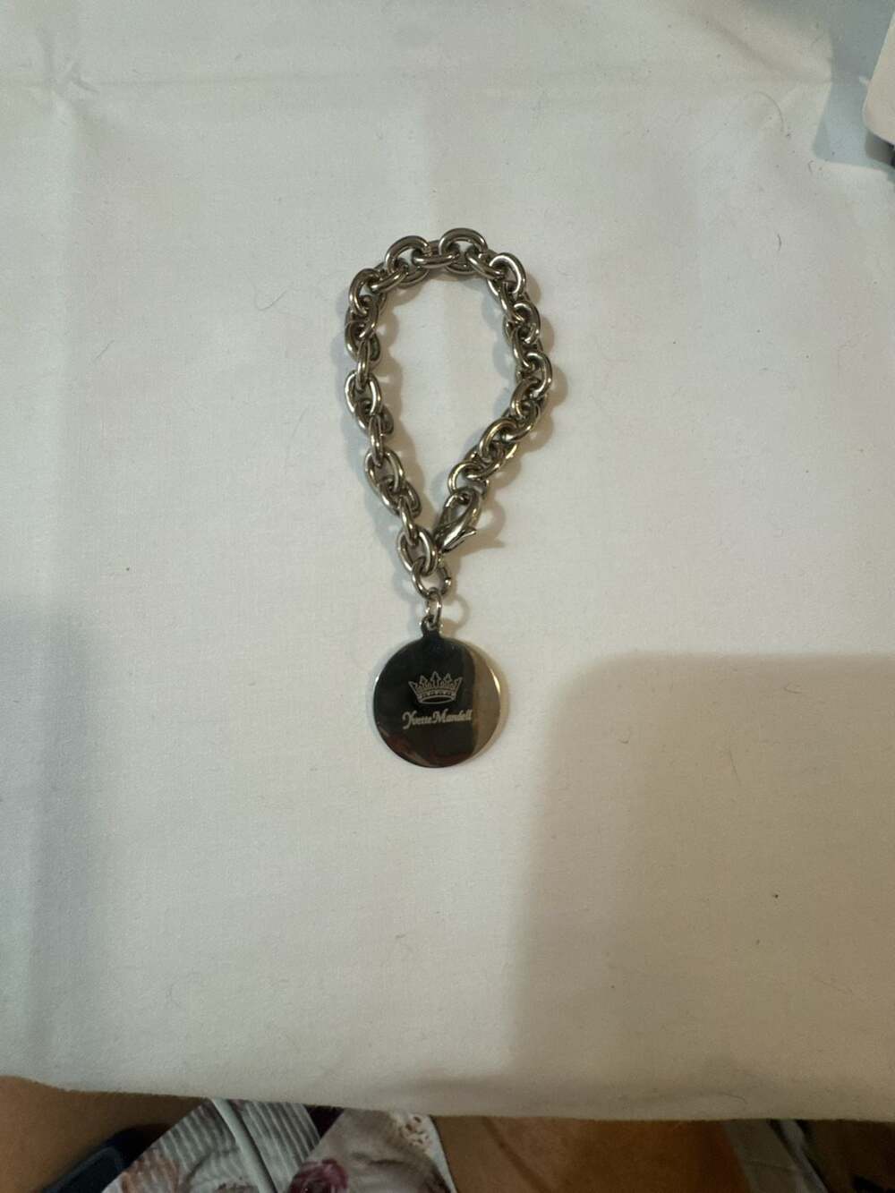 Yvette Mandell Silver Tone Link Chain Charm Bracelet with Logo Crown Medallion